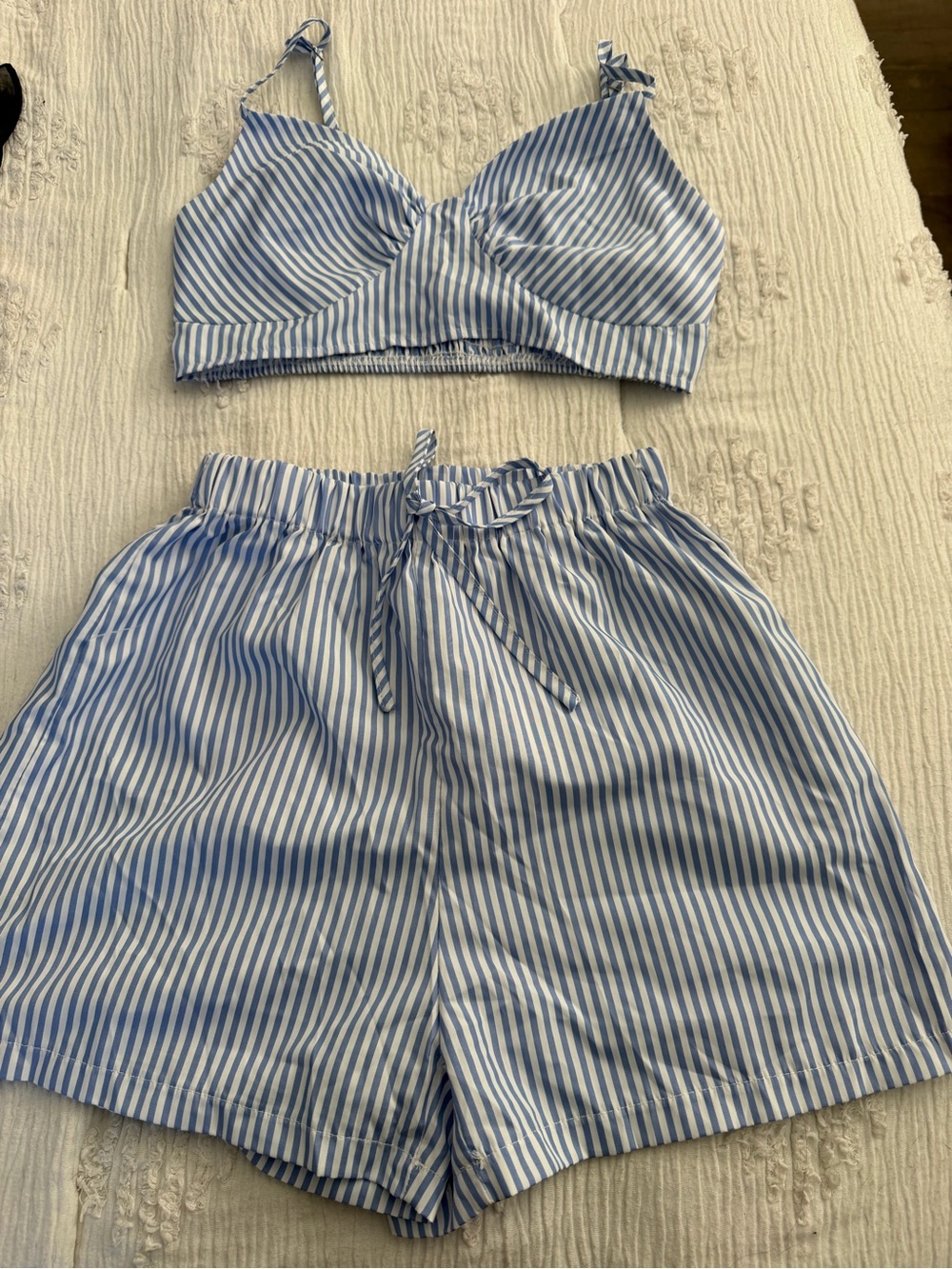 SHEIN Blue and White Striped Crop Top & Shorts Set